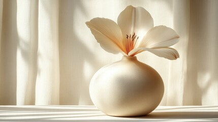 Poster - Cream flower vase, sunlit window, fabric backdrop, serene home decor