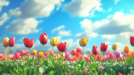 colorful tulip field under a blue sky with clouds featuring various tulip colors and grassy landscap