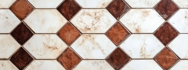 Poster - Brown and white diamond patterned tiles with grunge texture arranged in a seamless layout Copy Space