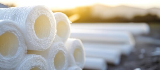 Poster - Rolled white materials stacked outdoors with soft sunlight in the background and Copy Space for text placement