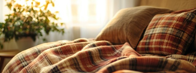 Poster - Cozy bedroom scene with warm plaid blanket and cushions, soft natural light, green plant in background, Copy Space available.