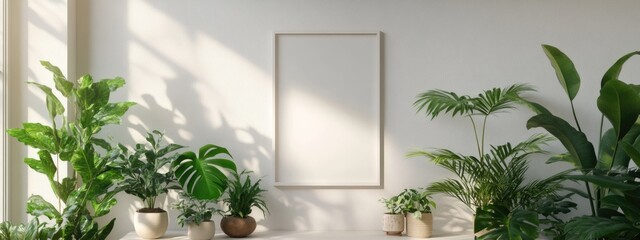 Poster - Indoor plants with empty picture frame on wall natural light from window Copy Space