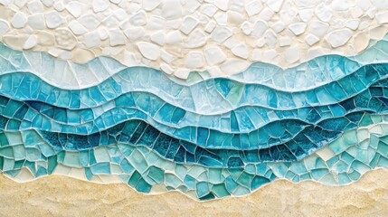 Poster - textured mosaic pattern representing ocean waves with shades of blue and white against a sandy backg