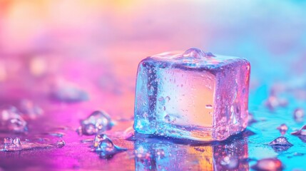 Poster - Ice cube on colorful reflective surface with droplets and copy space for text.