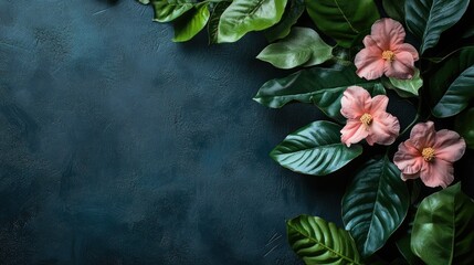 Poster - Tropical flowers and leaves on dark textured background with Copy Space for text placement