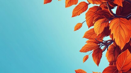 Poster - Autumn leaves in vibrant orange colors against a soft blue background with ample copy space for text or design elements
