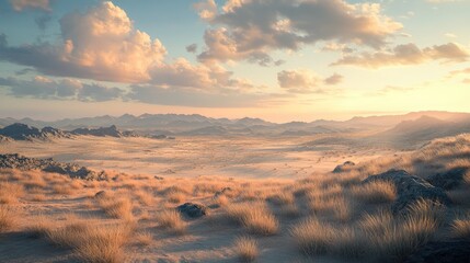Poster - Desert landscape at sunset with soft clouds and distant mountains featuring dry grass in foreground and ample Copy Space for text.