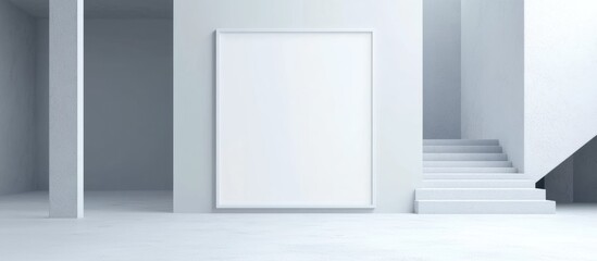  - Minimalist interior with white walls and empty frame on display, featuring staircase and ample Copy Space for text or design.