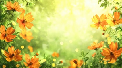 Poster - Colorful orange flowers with green foliage blurred background and bright light Copy Space