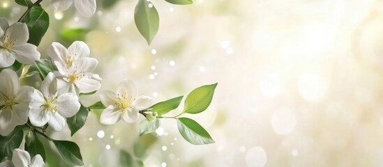 Poster - Lush white flowers with green leaves and soft bokeh background with ample copy space for text placement