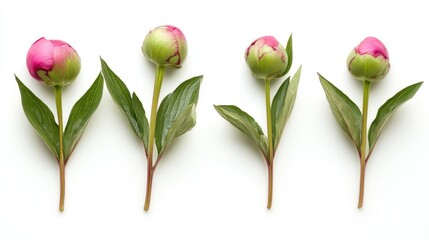 Poster - Close-up of peony flower buds with green leaves arranged in a row on white background Copy Space