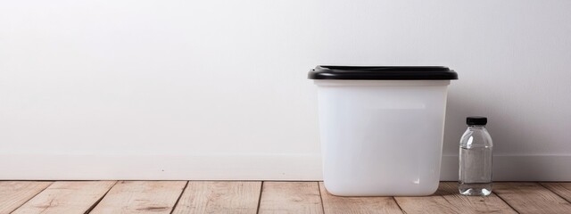 Poster - White trash bin with black lid and a plastic bottle on wooden floor against a plain white wall with copy space.