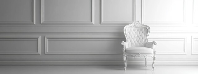 Poster - Elegant white vintage chair in minimalist interior with smooth textured wall and ample copy space for text placement