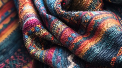 Poster - Colorful woven fabric with intricate patterns and textures showcasing traditional textile artistry Copy Space