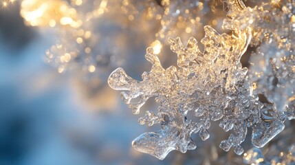 Poster - Close-up of a snowflake with intricate details and a blurred background showcasing shimmering light reflections and ice textures Copy Space
