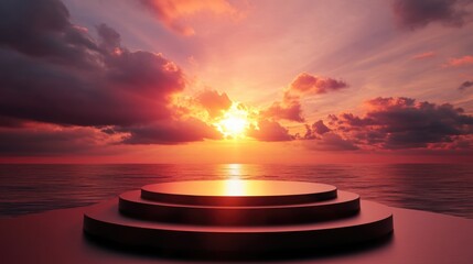 Poster - Sunset over the ocean with a tiered podium near the water's edge and vibrant clouds in the sky Copy Space