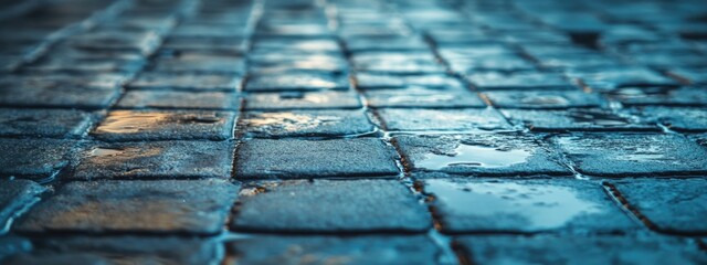 Poster - Wet cobblestone street with reflections and texture suitable for backgrounds and overlay design Copy Space