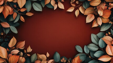 Poster - Autumn leaves border background with dark red center and copy space for text placement. Ideal for fall-themed design projects.