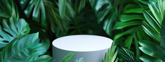 Poster - White podium surrounded by lush green tropical leaves with copy space for text or product display.