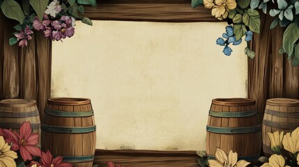 Poster - Vintage wooden frame with barrels and colorful floral decorations featuring a blank parchment for text Copy Space