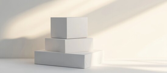Poster - White shipping boxes stacked on a minimalist background with soft lighting and shadows Copy Space