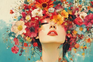 Poster - Woman with floral headpiece in vibrant colors celebrating nature's beauty in a dreamy artistic style