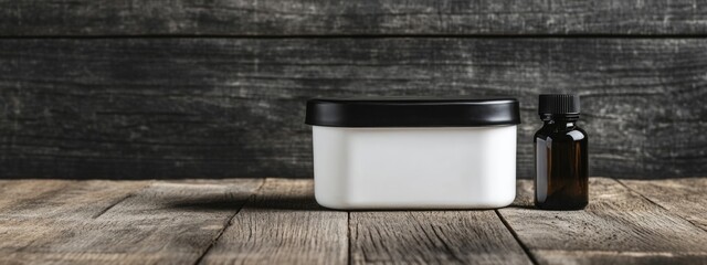 Poster - White plastic container with black lid and glass bottle on rustic wooden table Copy Space