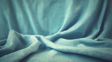 Fototapete - Textured teal fabric background with soft folds and creases, ideal for showcasing copy space and enhancing visual depth.