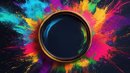 Poster - Colorful powder explosion around a circular frame with Copy Space for text placement in a dark background