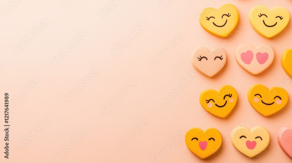 Colorful heart-shaped emojis with various facial expressions arranged on a pastel background with Copy Space for text or graphics.