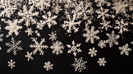 Poster - Falling snowflakes and snow dust on a black background with ample copy space for text placement