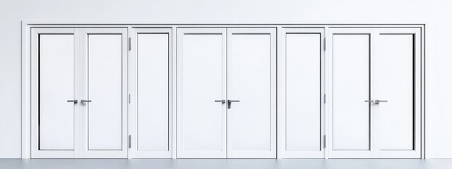 Poster - Modern interior with multiple white doors on a plain wall and floor showcasing clean lines and minimalistic design Copy Space