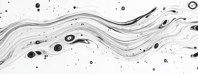 Fototapete - Abstract monochrome fluid texture with swirling lines and circular shapes on a white background with Copy Space.