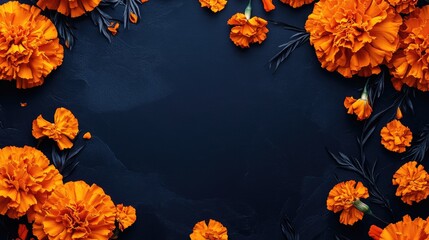 Poster - Bright orange marigold flowers arranged on a dark background with ample copy space for text placement.