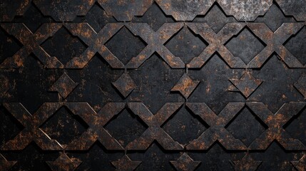 Poster - Textured geometric pattern on dark metallic surface with rust accents and copy space for design projects.