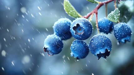 Wall Mural - Fresh blueberries on a branch with ice crystals surrounded by soft falling snowflakes and blurred background Copy Space