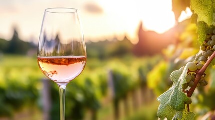 Poster - Glass of rose wine in vineyard during sunset with green grape leaves and Copy Space for text