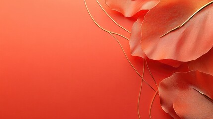 Poster - Peach colored background with soft floral petals and delicate threads creating an elegant composition with Copy Space