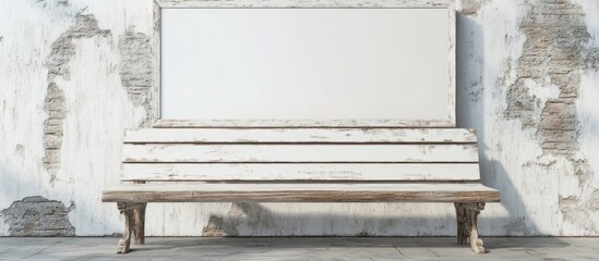 Poster - Rustic weathered wooden bench against a textured wall with copy space for text or branding purposes