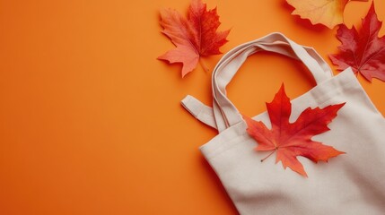 Poster - Canvas tote bag with autumn leaves on vibrant orange background Copy Space