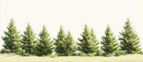 Poster - Pine tree forest silhouette with green foliage against light background ideal for nature themes Copy Space