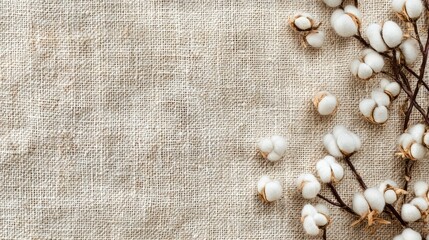 Poster - Cotton branches on textured fabric background with copy space for text or design elements.