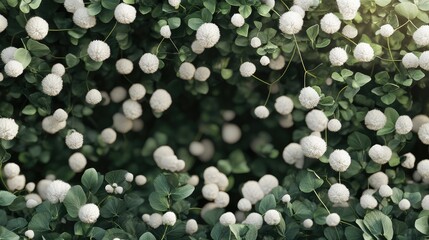 Poster - Floral background with white spherical flowers and lush green leaves Copy Space