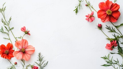 Poster - Red and pink flowers with green leaves arranged on a white background with Copy Space for text placement