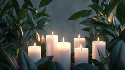 Poster - white candles burning amidst lush green leaves with a blurred background showcasing a serene and cal