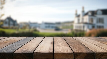 Poster - Wooden tabletop with blurred background of a house and green landscape Copy Space