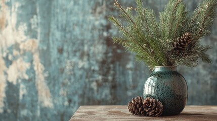 Poster - Ceramic vase with pine branches and pine cones on rustic wooden table against textured blue background Copy Space