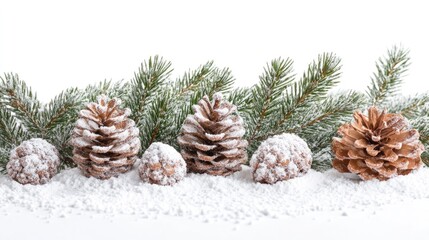 Poster - Snow-covered pine cones and evergreen branches on white background with Copy Space for text placement