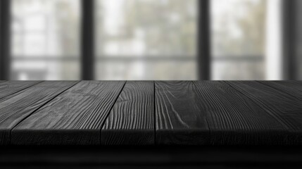 Poster - black wooden tabletop with blurred window background ideal for product display mockups showcasing re