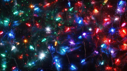 Poster - Colorful Christmas lights with red, green, blue, and white illumination against a dark background providing Copy Space for text placement